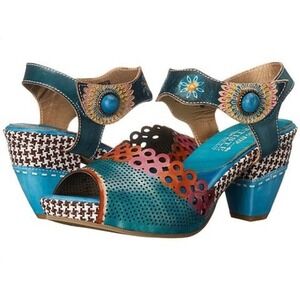 NWOT Spring Step LArtiste Jive Skym Wedge Sandals 7.5 Leather Floral Boho Artsy